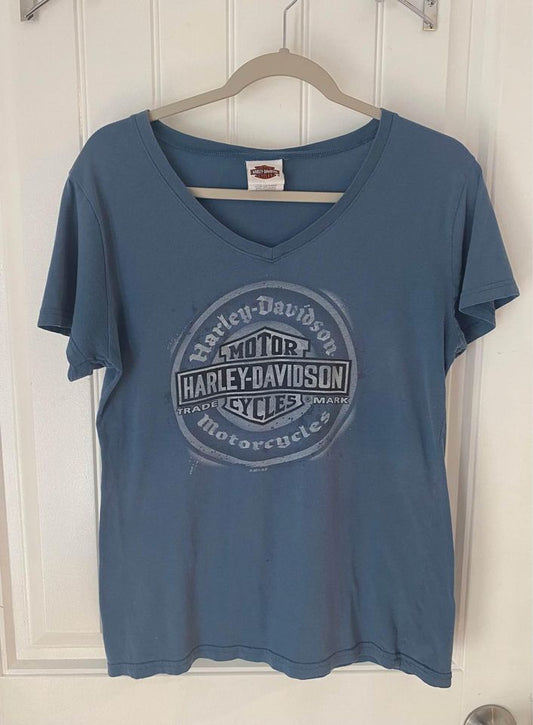 Harley Davidson V Neck Women's Tee Shirt Medium Blue