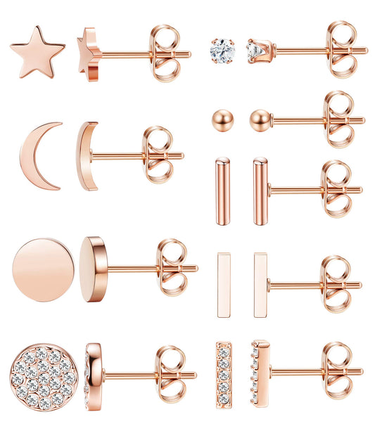 Stainless Steel Stud Earrings 9 Pairs Moon & Stars Hypoallergenic