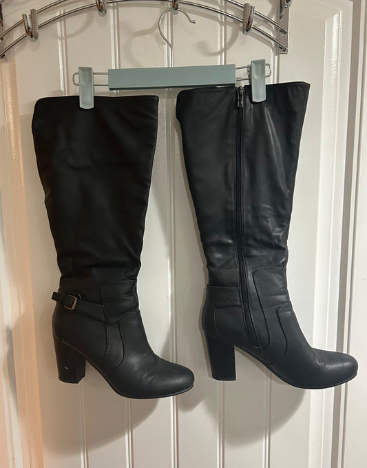 Black Faux Leather Riding Boots with Heel Womens 8