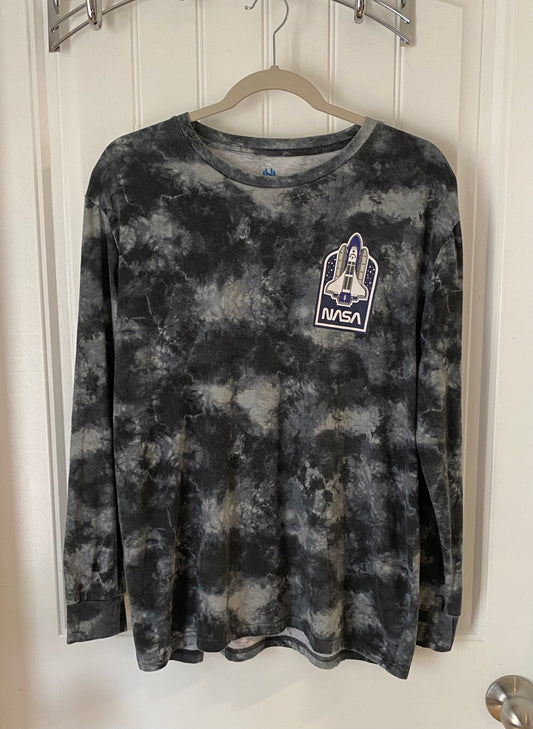 Hyper Space NASA Long Sleeve Grey Tye Dye Tee Shirt Mens' Medium