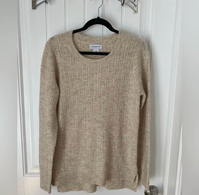 Liz Claiborne Wool Sweater Beige With Gold Accents LT